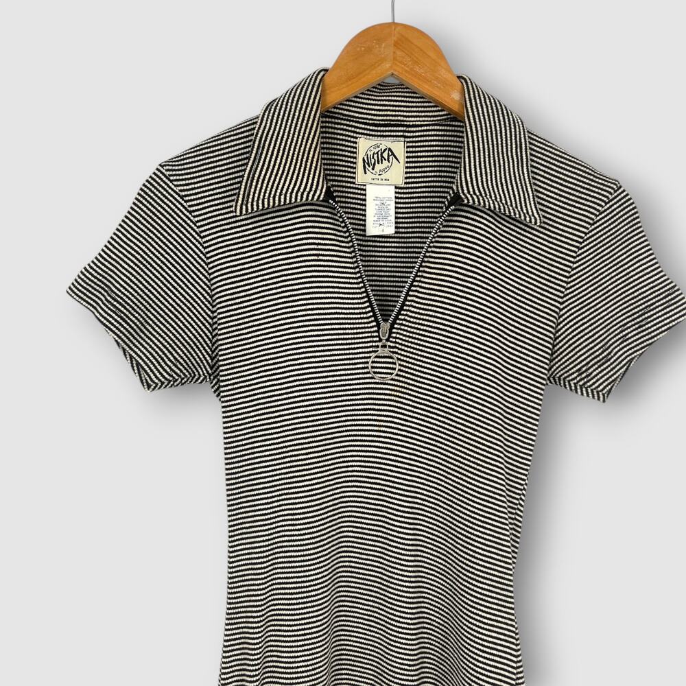 Vintage 90s Nistka Black White Stripe Ribbed Cotton Mini Polo Dress Small - Picture 5 of 5